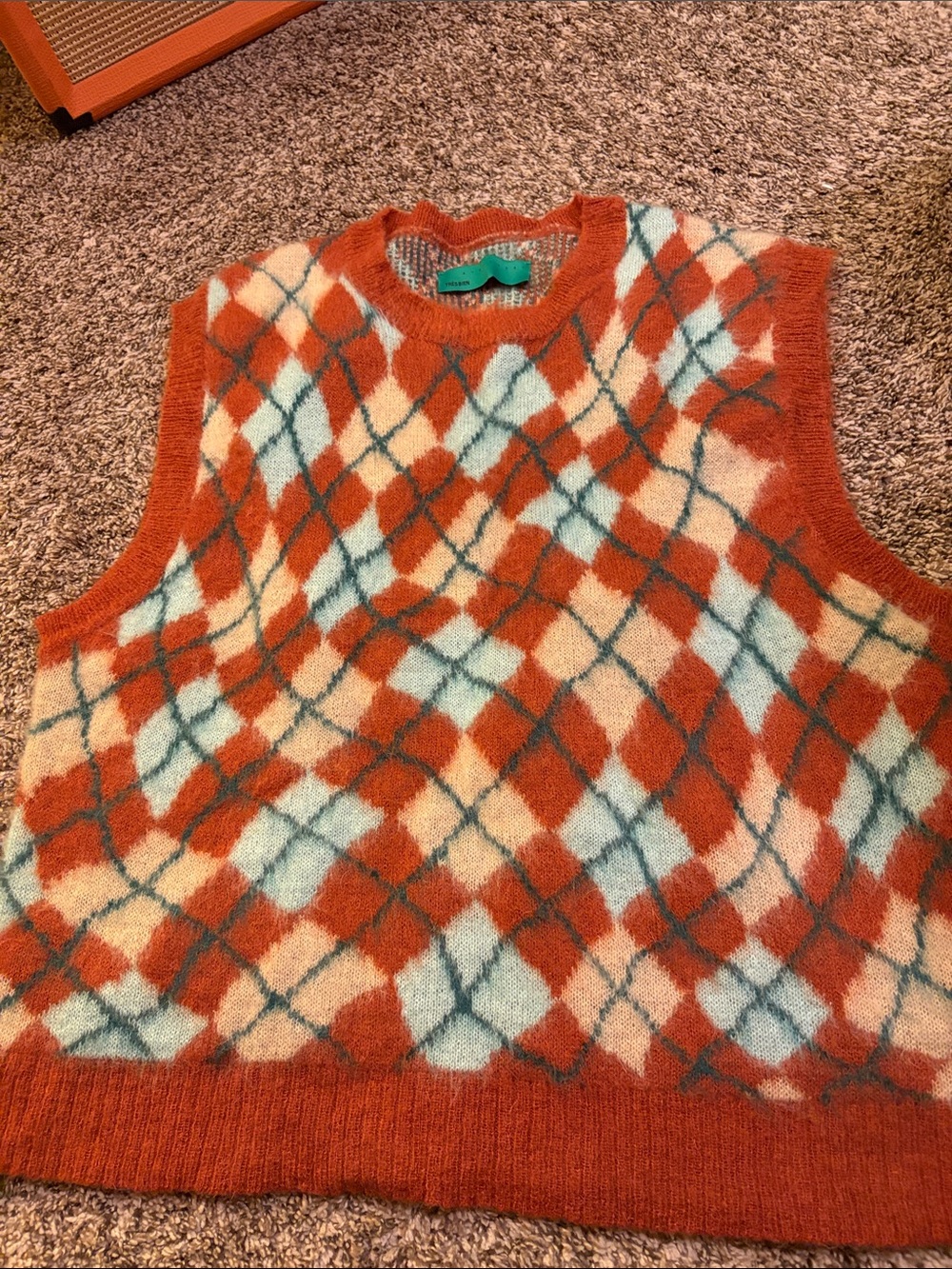 Tres Bien Orange and Light Blue Argyle Knit Vest - Picture 1 of 4